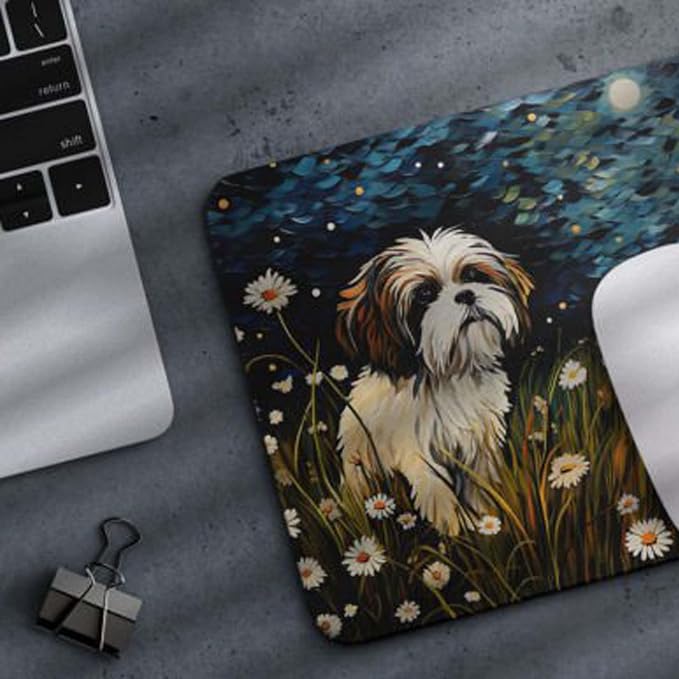 Starry Night Dog Mouse Pad for Home Office Gaming Working Desk Computer Desktop Accessories Non-Slip Rubber Mouse Pad for Dog Lovers (Shih Tzu #2)