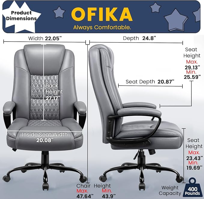 OFIKA Leather Office Desk Chair,Ergonomic Office Chair with Lumbar Support,Computer Chair,Executive Leather Chair with Padded Flip-up Arm,Adjustable Armrests, Black,275LBS