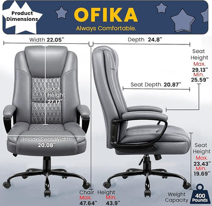OFIKA Leather Office Desk Chair,Ergonomic Office Chair with Lumbar Support,Computer Chair,Executive Leather Chair with Padded Flip-up Arm,Adjustable Armrests, Black,275LBS