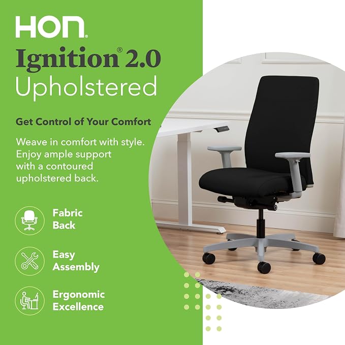 HON Ignition 2.0 Ergonomic Office Chair with Adjustable Arms, Advanced Synchro‑Tilt Recline, Upholstered Desk and Computer Chair for Home Office or Workstation, Titanium Frame, Black