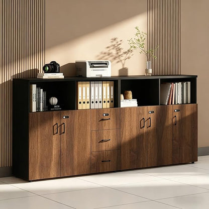 File Cabinet with Password Lock, Wood Lateral Filing Cabinet for Letter/A4 Files, 3 Drawer with Door, Printer Stand with Open Shelves for Home Office