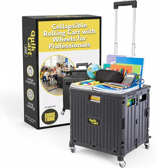dbest Products Quik Cart 360 Rolling Crate with Wheels - Collapsible Utility Cart for Teachers & Home - Heavy Duty Folding Cart with Seat - 80 lb Capacity - Black