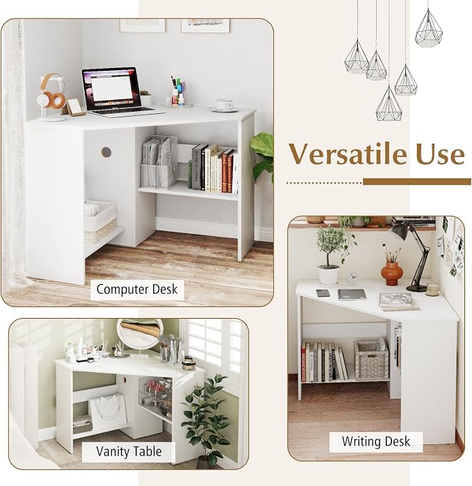 Giantex Corner Desk, Space-Saving Triangle Computer Desk with Storage Shelves & CPU Stand, Modern Makeup Vanity Table for Bedroom, Writing Desk for Small Spaces (White)