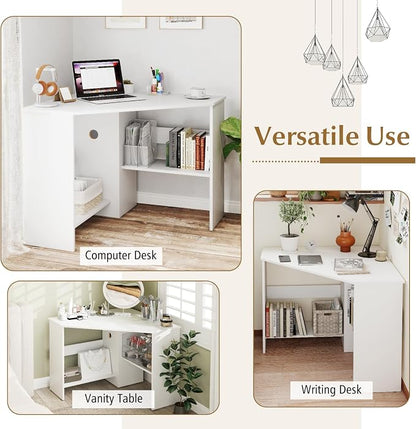 Giantex Corner Desk, Space-Saving Triangle Computer Desk with Storage Shelves & CPU Stand, Modern Makeup Vanity Table for Bedroom, Writing Desk for Small Spaces (White)