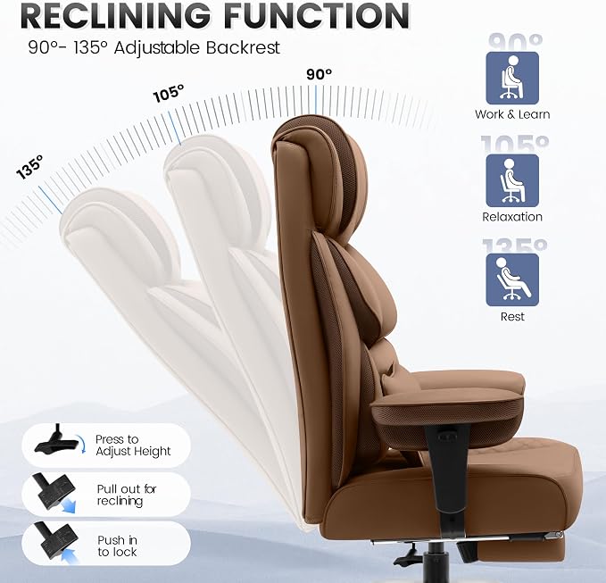 BestGlory Office Desk Chair, Big and Tall Leather Gaming Chair with Footrest, Ergonomic Comfy Executive High-Back Reclining Computer Chairs, Wide Swivel Rolling Wheels and Padded Lumbar Support,