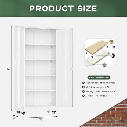 Greenvelly 73" Metal Storage Cabinet with Wheel, Lockable White Metal Garage Cabinets with 2 Doors and 4 Adjustable Shelves, Rolling Steel Tool Cabinet for Garage, Home Office, School