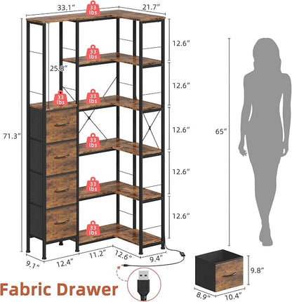 AFLUI 6-Tier Corner Bookshelf with LED and 4 Fabric Drawers | Corner shelf with left/right short side; LED light for home office, bedroom, living room