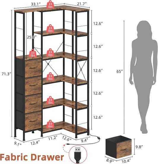 AFLUI 6-Tier Corner Bookshelf with LED and 4 Fabric Drawers | Corner shelf with left/right short side; LED light for home office, bedroom, living room