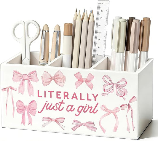 Pink Coquette Bow Pen Pencil Holder for Desk, Preppy Desk Decor, Preppy Aesthetic Literally Just a Girl Wooden Box Sign Decorations for Girls Bedroom Room Dorm Tabletop