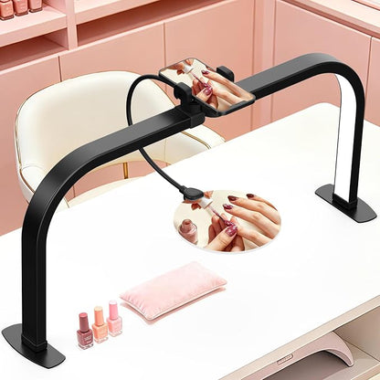Half Moon Nail Light for Desk with 5X Magnifier & Phone Holder, LED Arch Tech Lamp 30" Foldable for Manicure Eyelash Extensions Tattoo Facial Salon Craft, 2700LM Multiple Brightness 3000-6000K