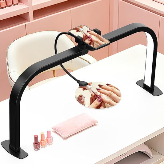 Half Moon Nail Light for Desk with 5X Magnifier & Phone Holder, LED Arch Tech Lamp 30" Foldable for Manicure Eyelash Extensions Tattoo Facial Salon Craft, 2700LM Multiple Brightness 3000-6000K