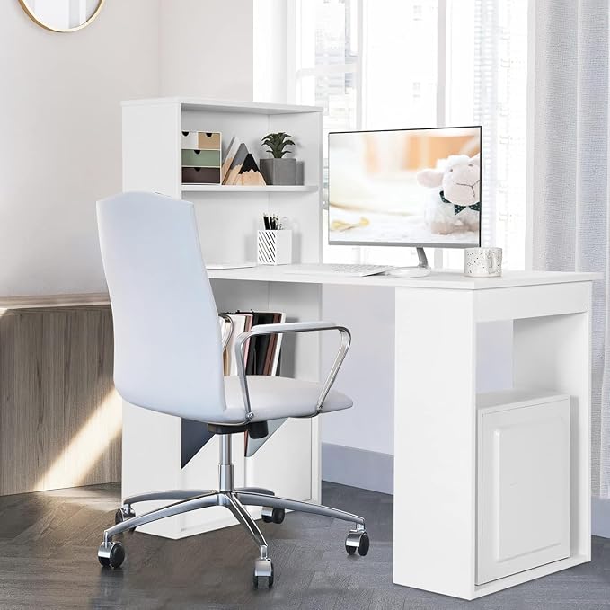 LDAILY Computer Desk with Bookshelf, 48” Modern Office Desk w/ 6-Tier Storage Shelves, CPU Stand, Wider Base, 3-in-1 Reversible Study Table, Writing Desk for Home Office, Bedroom, Study Room (White)