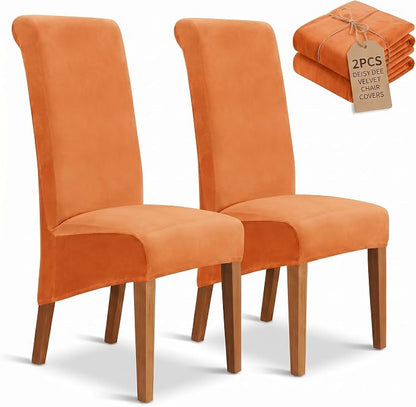 Deisy Dee Stretch XL/Oversized Extra Large Velvet Dining Room Chair Covers for Kitchen Dining，Removable Washable Chair Protectors Slipcovers (Orange, 2)