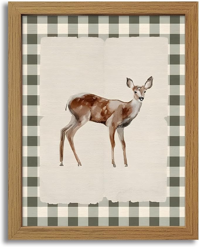 CXQILVER Vintage Framed Deer Wall Art Canvas Painting, Woodland Fawn Prints Wall Decor, Green Gingham Rustic Farmhouse Animal Artwork Pictures for Living Room Bedroom Bathroom Nursery Decor 12x16 Inch