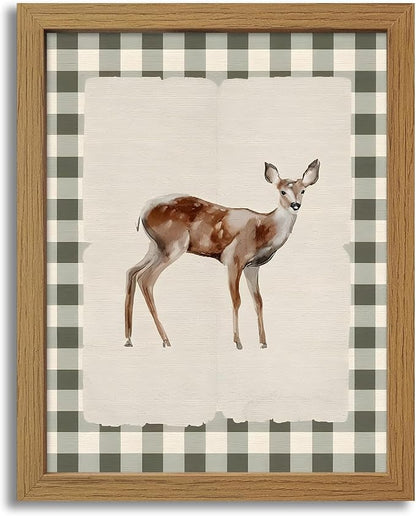 CXQILVER Vintage Framed Deer Wall Art Canvas Painting, Woodland Fawn Prints Wall Decor, Green Gingham Rustic Farmhouse Animal Artwork Pictures for Living Room Bedroom Bathroom Nursery Decor 16x24 Inch
