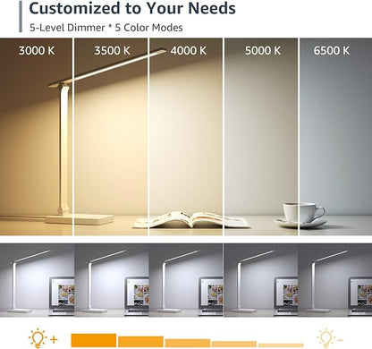 Lepro LED Desk Lamp, Metal Desk Light 9.5W 800lm, Best Task Lamp, 5 Color Modes 5 Brightness Level, Dimmable Home Office Desktop Lamp for Reading, Crafting, Sewing, Puzzle, Nail, White