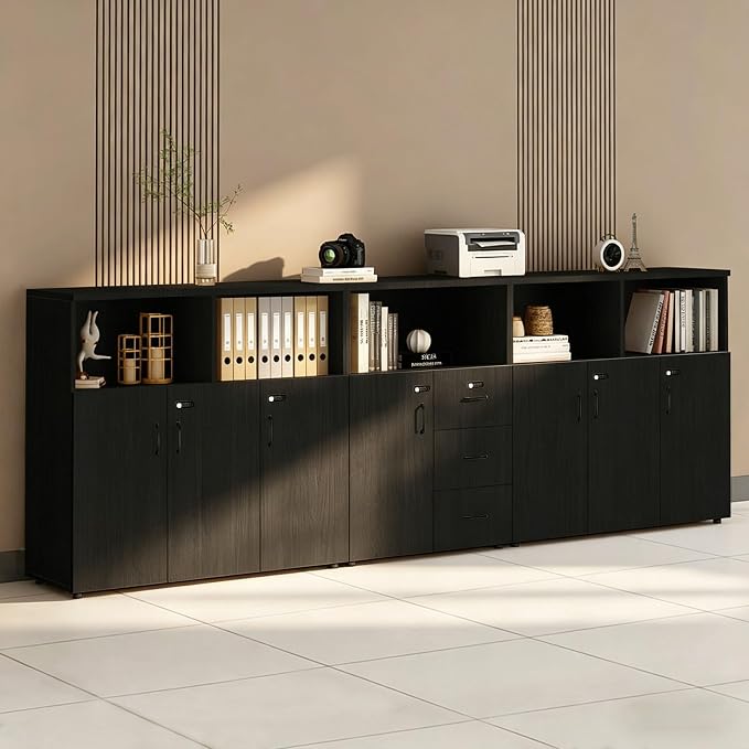 File Cabinet with Password Lock, Wood Lateral Filing Cabinet for Letter/A4 Files, 3 Drawer with Door, Printer Stand with Open Shelves for Home Office