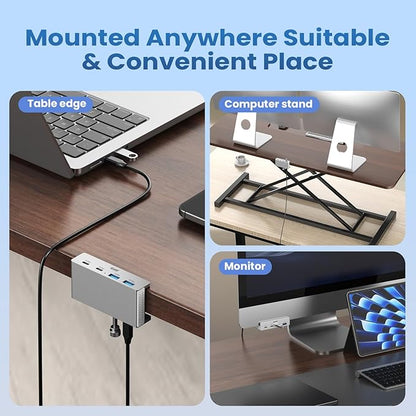 EJAY Desk Clamp USB Hub, 10Gbps Mountable USB C Hub Multiport Adapter, Aluminum Desktop Hub Desk Mount for iMac, Mac, PC, Under Desk USB Port Expander Splitter for Workstation, Silver