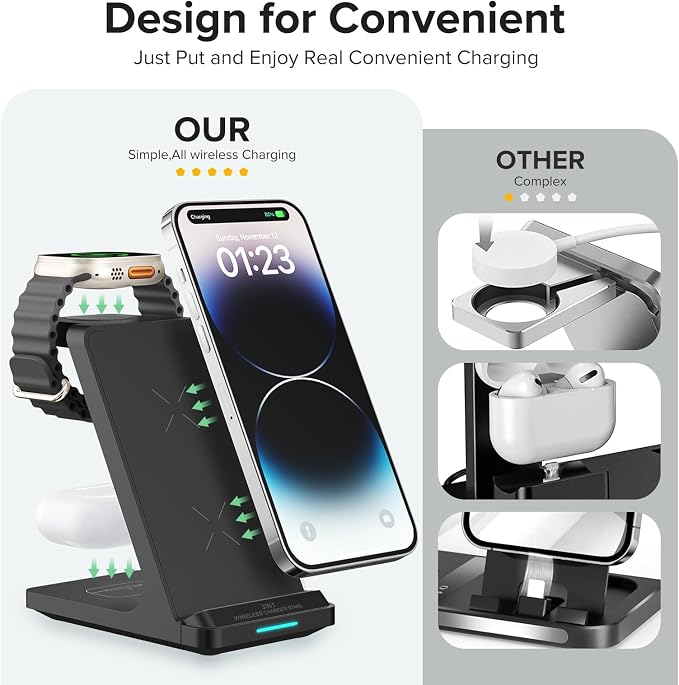 Wireless Charging Station, 3 in 1 Fast Wireless Charger Stand for Multiple Devices Apple Watch Ultra Series 11 10 9 8 7 6 SE 5 4 3 2, iPhone 17 16 15 14 13 12 11 Pro Max/Plus/Air/X/XS/XR/SE, Airpods