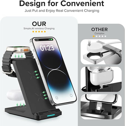 Wireless Charging Station, 3 in 1 Fast Wireless Charger Stand for Multiple Devices Apple Watch Ultra Series 11 10 9 8 7 6 SE 5 4 3 2, iPhone 17 16 15 14 13 12 11 Pro Max/Plus/Air/X/XS/XR/SE, Airpods