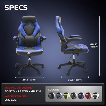 RESPAWN 3085 Ergonomic Gaming Chair for Adults, High Back Office Chair with Headrest and Flip Up Arms, Leather Racing Style Gaming Seat with Lumbar Support, Video Game Computer Desk Seat - Blue