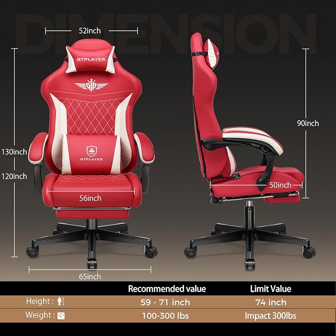 GTPLAYER Gaming Chair with Footrest, Big and Tall Game Chair High Back Computer Office Chair with Lumbar Support for Adults, Ergonomic Swivel Games Chair with Cushion Gaming, Leather Red