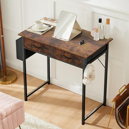 32" Small Gaming Desk with Drawers, Home Office Computer Writing Study Table with Storage Side Bag, Headphone Hook, and Adjustable Feet for Bedroom, Rustic Brown
