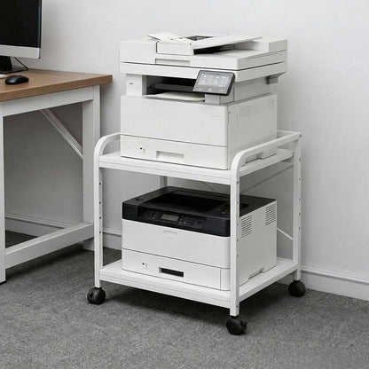 2 Tier Large Printer Stand, 20 Inches Deep Under Desk Printer Table with Height Adjustable Shelf, Rolling Printer Cart with Wheels for Home Office Storage - White