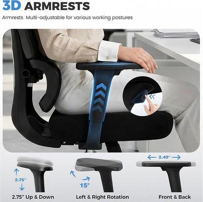 Ergonomic Office Chair, High Back Mesh Desk Chairs Comfy with Adjustable Lumbar Support, Home Computer Gaming Chair with 3D Headrest for Long Hours, 2 Pack