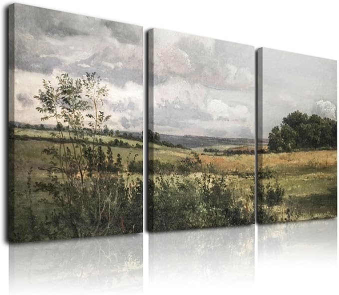 Vintage Bathroom Decor Wall Art Set of 3,Retro Country Wall Decor Field Landscape Wall Art Framed,Rustic Bathroom Wall Art Decor Moody Countryside Oil Paintings Pictures for Living Room Bedroom Office,12x16inch