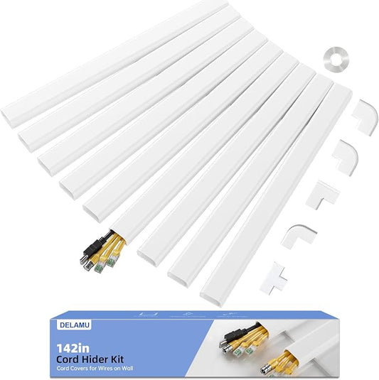 Delamu Large 142in Cord Hider for 3-4 Cords, Cord Covers for Wires on Wall, Easier Install Wire Covers for Cords on Wall, Cable Wire Hider, Cable Cover Management Raceway, W1.18 H0.63in, White