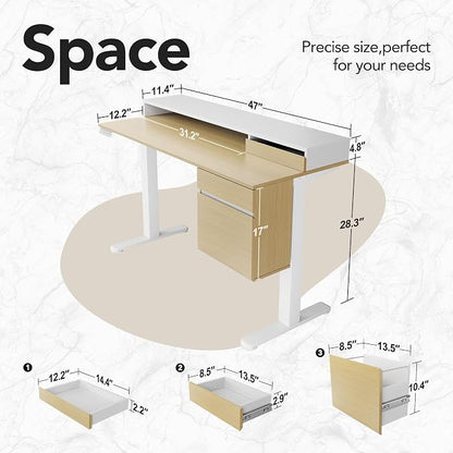 HUANUO Electric Standing Desk with File Cabinet, 47 Inch Height Adjustable Desk with Storage Drawers, Ergonomic Stand Up Table Compatible with Monitor Stand, Light Walnut