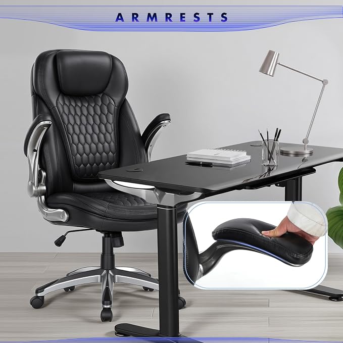 Executive Office Chair-Ergonomic Computer Desk Chair, High Back Leather Chair with Padded Flip-up Arms, Swivel Home Office Chair Upgraded Caster-Black