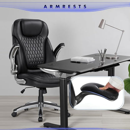 COLAMY High Back Executive Office Chairs,Ergonomic PU Leather Desk Chairs with Flip-Up Armrests, Adjustable Height, Lumbar Support,Comfortable Computer Chairs for Home Office,Set of 2