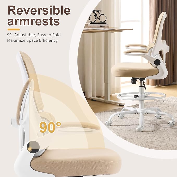 Karl home Ergonomic Drafting Chair, Khaki | Lumbar Support, Flip-Up Armrests, Adjustable Height Footrest Ring, Breathable Mesh, Tall Swivel