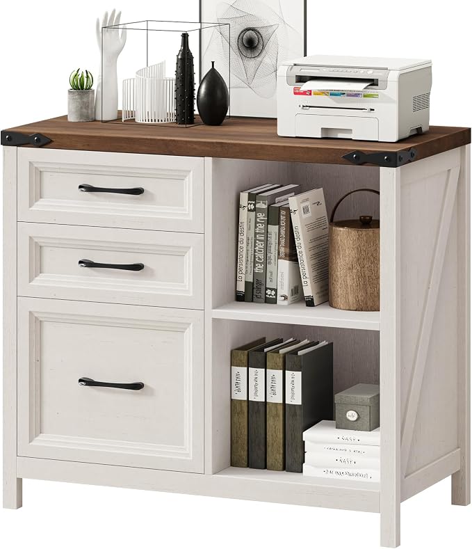 Halitaa 3 Drawer File Cabinet, Farmhouse Lateral Filing Cabinet Fits Files Letter or A4 Size, Wooden Printer Stand with Open Storage Adjustable Shelf for Home Office, Rustic White and Brown