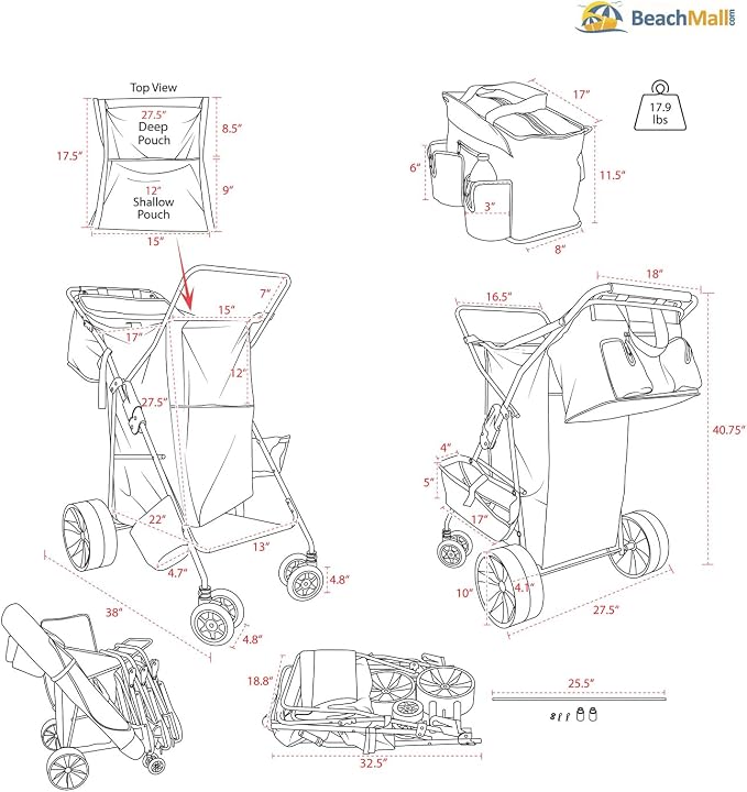 Ultimate Buggy Beach Cart with Big Wheels for Sand, Wide Wheel Wagon with Insulated Cooler Bag, Body Board and Umbrella Holder, 100 lbs Capacity