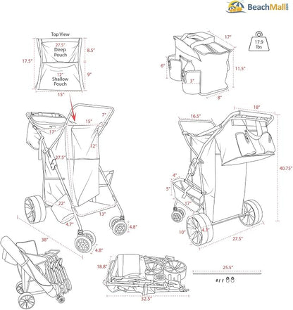 Ultimate Buggy Beach Cart with Big Wheels for Sand, Wide Wheel Wagon with Insulated Cooler Bag, Body Board and Umbrella Holder, 100 lbs Capacity