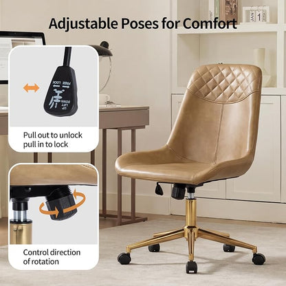 DUHOME Modern PU Leather Office Chair Desk Chair Swivel Computer Chair with Gold Base Camel