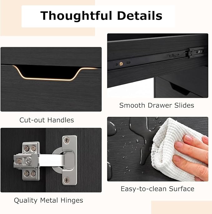 Black File Cabinet with 4 Drawers and 2 Doors, Under Desk Mobile Storage Organizer, Wooden Printer Stand on Wheels, 29" Lateral Filing Cabinet for Home Office Living Room (Black, 4 Drawer & 2 Door)