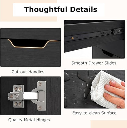 Black File Cabinet with 4 Drawers and 2 Doors, Under Desk Mobile Storage Organizer, Wooden Printer Stand on Wheels, 29" Lateral Filing Cabinet for Home Office Living Room (Black, 4 Drawer & 2 Door)