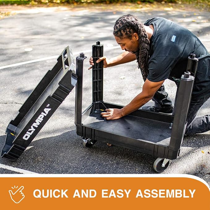 Olympia Tools 2 Shelf Black Rolling Utility Cart - Supports Up to 500 lbs, Comfort Handle - Heavy Duty Carts with Wheels - Great for Warehouse, Garage, Manufacturing, Cleaning