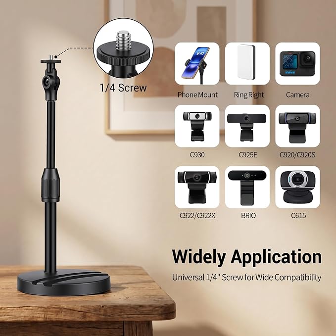 Webcam Stand for Desk with Phone Holder, Table Telescopic Camera Tripod, Webcam Mount Compatible with Logitech Webcam C922 C930e C920S C920 C615 C960 C920x BRIO 4K NexiGo N60, 1/4'' Thread