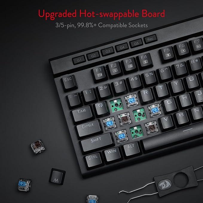 Redragon K580 VATA RGB LED Backlit Mechanical Gaming Keyboard with Macro Keys & Dedicated Media Controls, Hot-Swappable Socket, Onboard Macro Recording (Blue Switches)