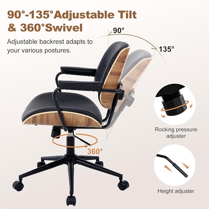 Mid Century Modern Office Chair with Adjustable Backrest, Wooden Desk Chair with Armrests, Swivel Height Adjustable Home Office Chair, Comfortable Task Chair for Home Office, Black