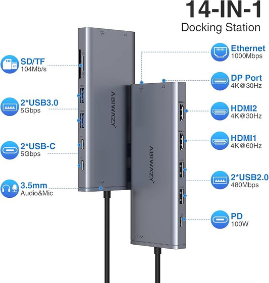 USB C Docking Station 3 Monitors USBC Hub Laptop Dual Monitor Multiport Adapter Dock Dongle,USBC to 2 HDMI,4K DisplayPort,PD Charging,Ethernet,7 USB-C/A Ports,SD/TF,Audio for Dell/HP/Lenovo