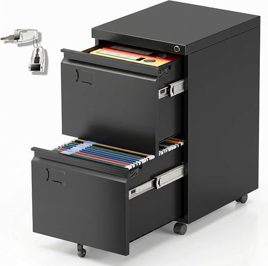 METAN 2 Drawer File Cabinet with Lock, Mobile Rolling Filing Cabinet for Home Office, Under Desk Metal File Cabinet for Letter/Legal/A4 Size with Name Card Slots, Black, Assembly Required