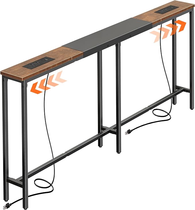 Huuger Narrow Sofa Table with 2 Power Outlets, 63-86.6 Inch Adjustable Length, Behind the Couch Table with USB-C Ports, Long Entryway Console Table, Anti-tip Kit, for Hallway Entry, Rustic Brown