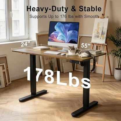 Electric Standing Desk, 55x24 Inches Sit Stand up Desk with 3 Memory Presets & Child Lock, Silent Motor, Heavy Steel Frame, Dual Hooks & Leveling Feet, for PC Workstation, Dark Walnut