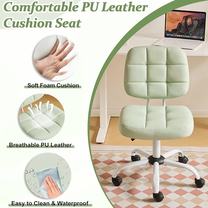 VINGLI Compact Small Desk Chair, Cute Armless Chair with Wheels, Vanity Chair with Low Back, Height Adjustable Task Chair for Small Spaces, Office, Bedroom, Make Up Room, PU Leather, Mint Green